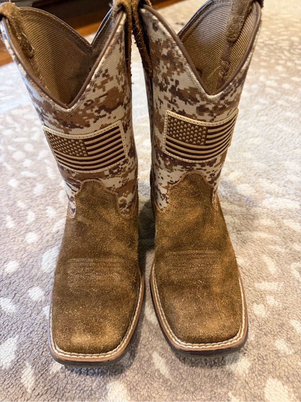 Ariat Brown Suede Cowboy Boots with American Flag Patch